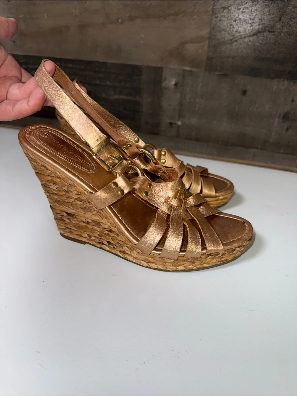 Corso Como Metallic Rose Gold Bronze Braided leather Wedge Sandals size 9